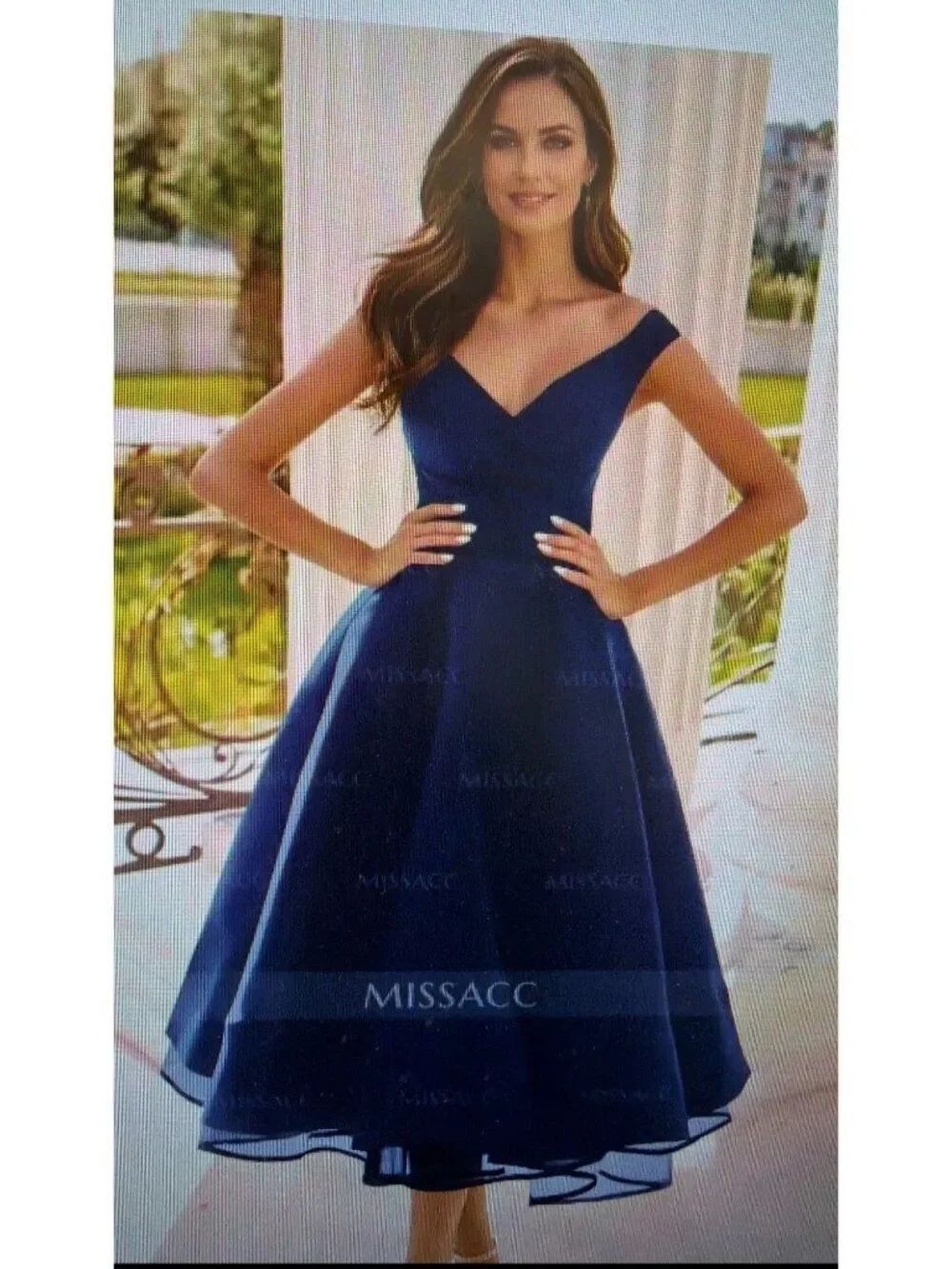 Missacc Navy Satin Pleated Cap Shoulder A-Line Formal Gown Size 8